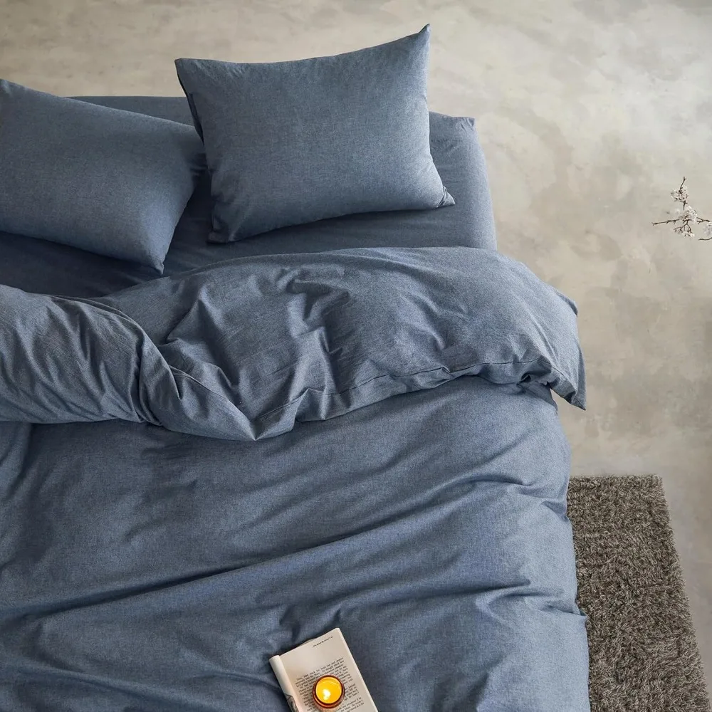 Queen Size Chambray Denim Blue Cotton Duvet Cover Set - 5