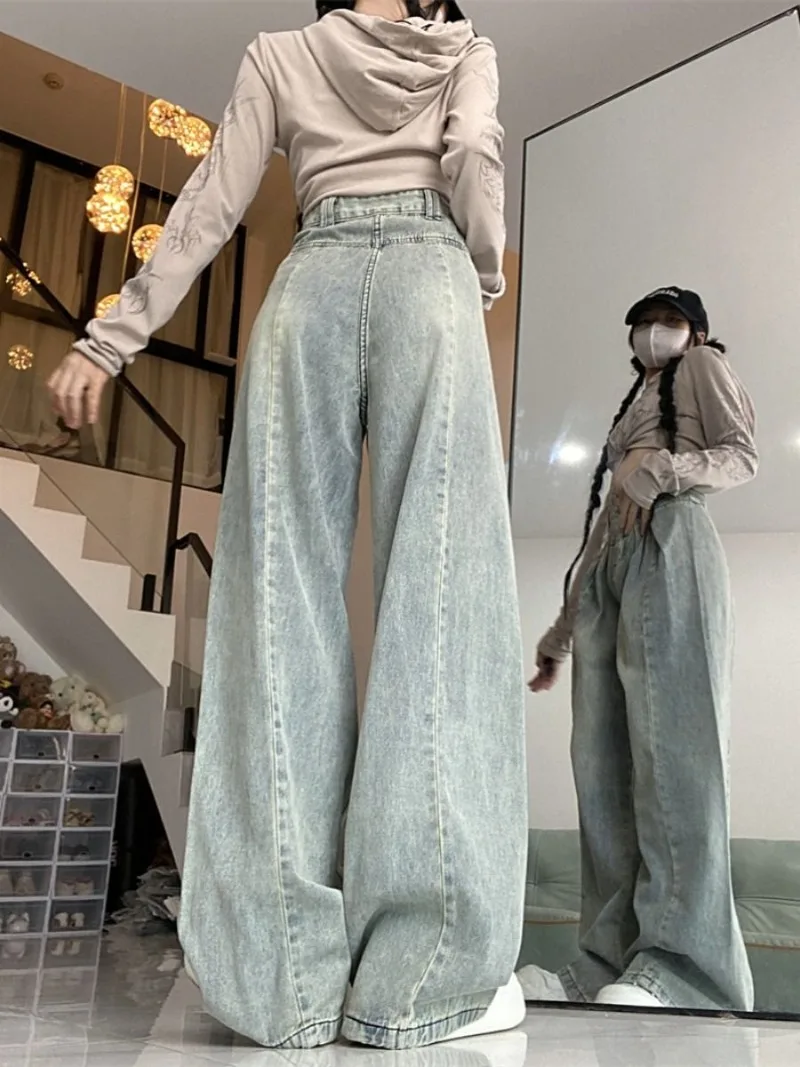 Women Frayed Wide Leg Jeans Korean Vintage Streetwear Loose