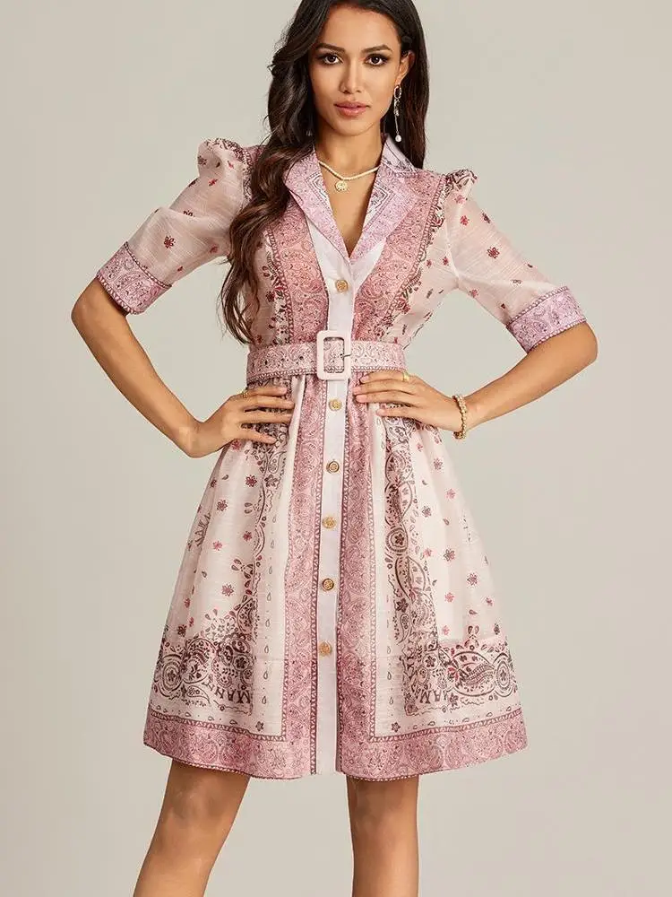 Vintage Print Chiffon Dresses For Women Short Sleeve Notched Single Breasted Fashion Loose Beach Holiday Dress 2024 New Summer