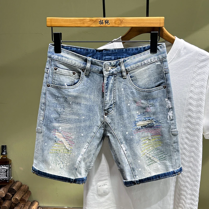 2024 new men's denim shorts high-end light luxury hole stretch Slim personalized colorful embroidery patches spray-painted pants