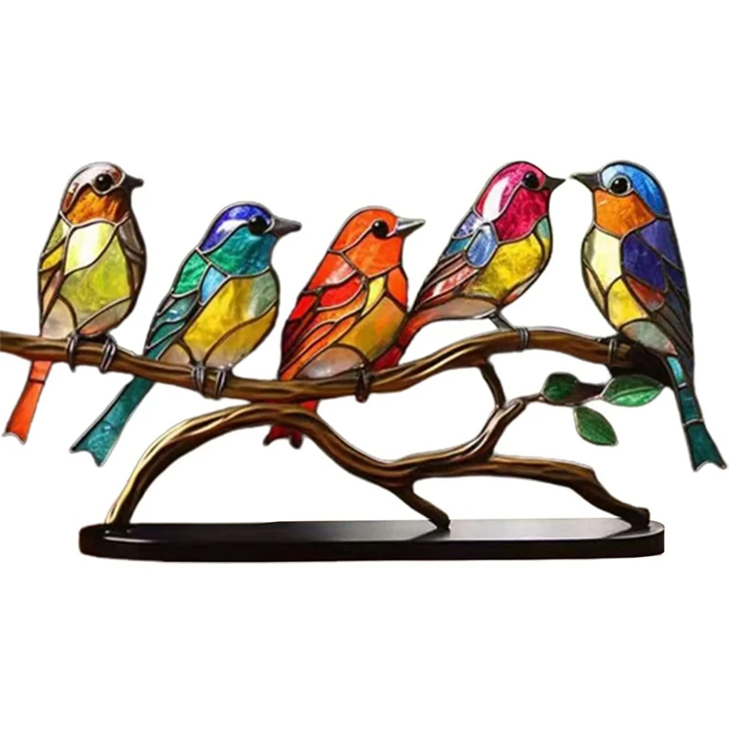 Stained Glass Birds On Branch Desktop Ornaments,Double Sided Multicolor Style Birds Colors Ornaments 3