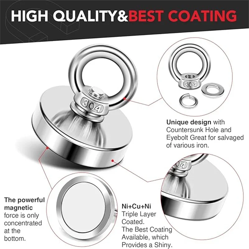D32/36mm-Neodymium Fishing Magnets, High Pulling Force Rare Earth Magnet with Countersunk Hole Eyebolt for Retrieving in River 5