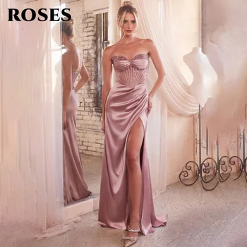 ROSES Pink Sexy Prom Dresses Sweetheart Sleeveless Hollow Prom Gown with Fishbone Satin Beadwork Split Formal Gown Customized 1