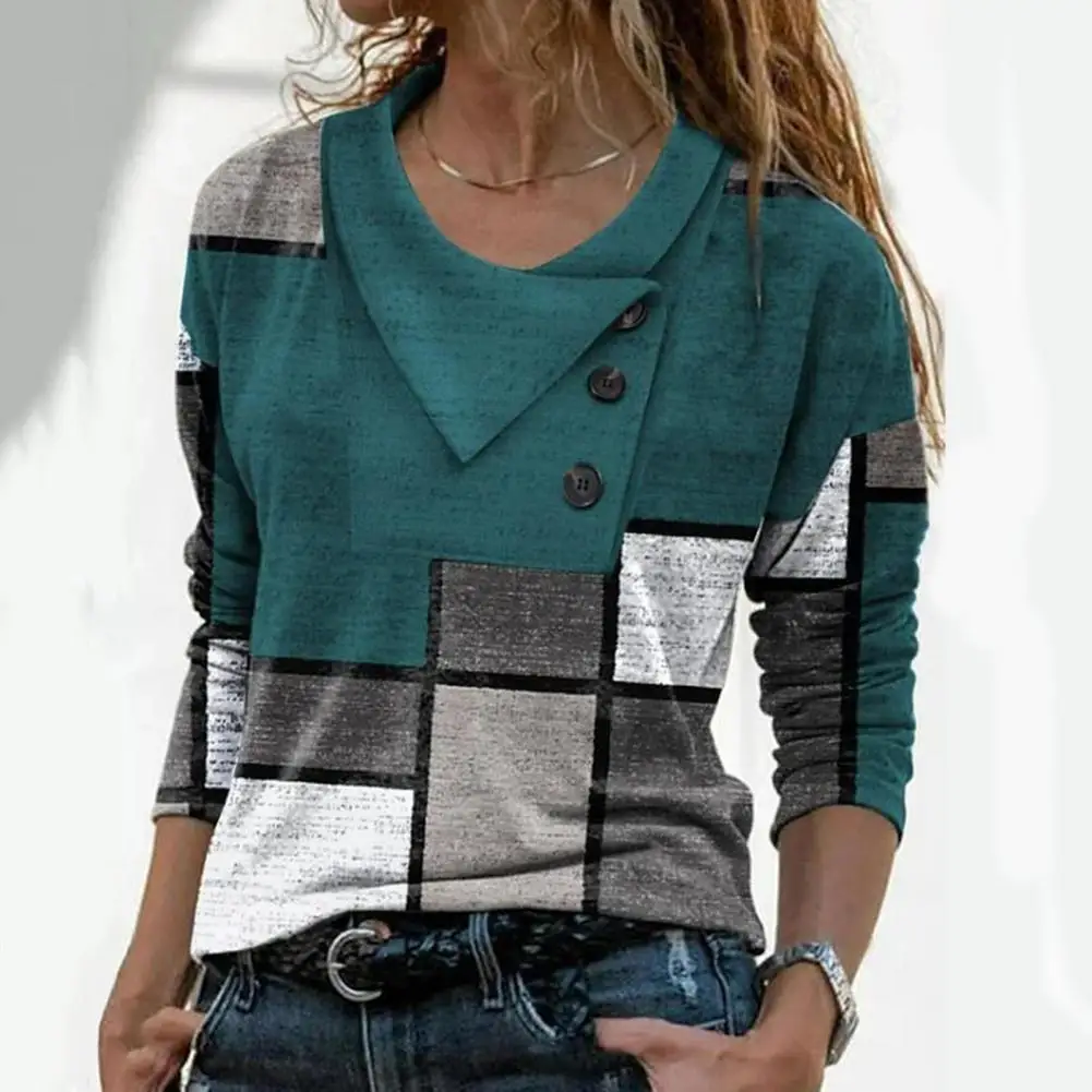 Classic Pullover Top  3D Cutting Skin-Touch Autumn Blouse  Geometry Patchwork Color Loose Autumn Tee Shirt