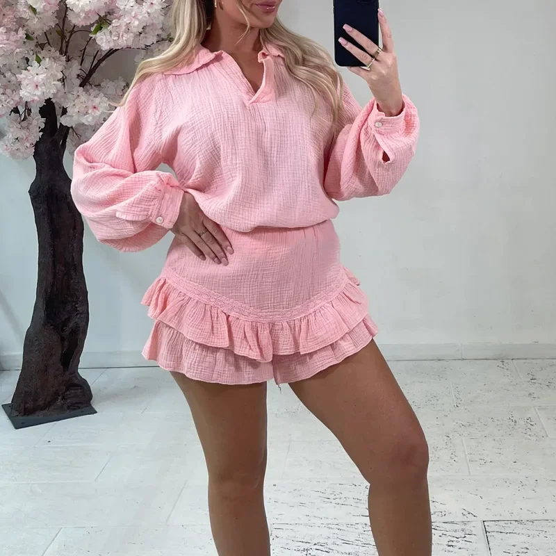 

Женская рубашка с отложным воротником, длинным рукавом, V-образным вырезом и короткой юбкой, повседневный модный костюм из двух предметов для женщин