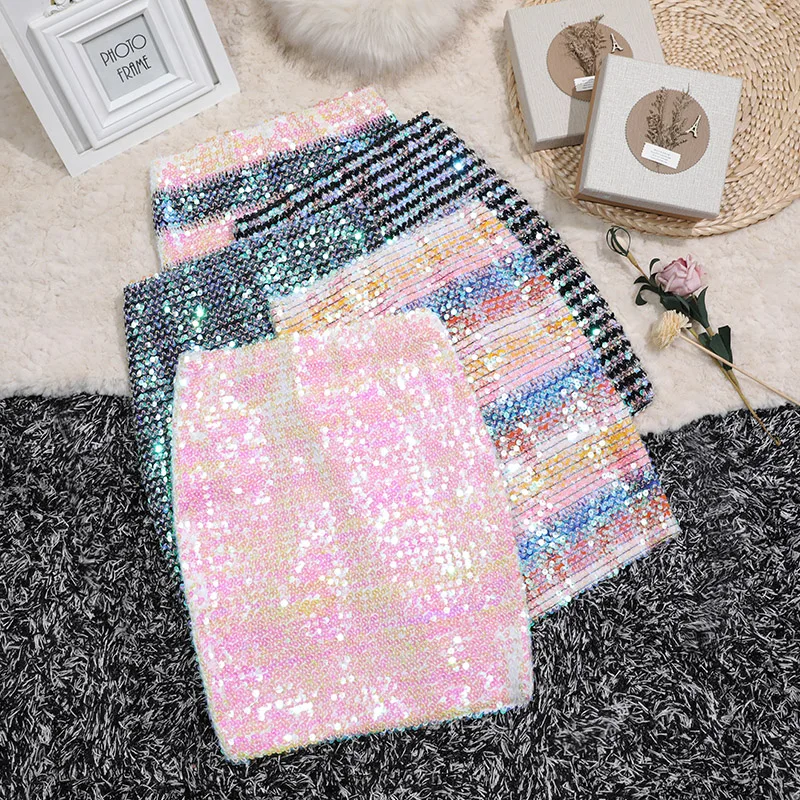 Shiny Candy Colors Full Sequined Mini Skirts For Woman Pink Y2k Cute Kawaii Korea Fashion Stripped Knitted Sheath Hipwrap Skirt high collar stripped wool dress women s autumn and winter new slim style knitted wool skirt versatile sweater