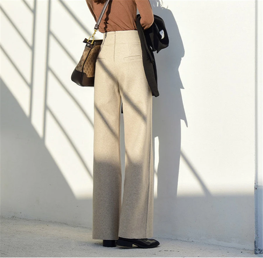 Super High Waist Woolen Wide Leg Pants Fall Winter Casual