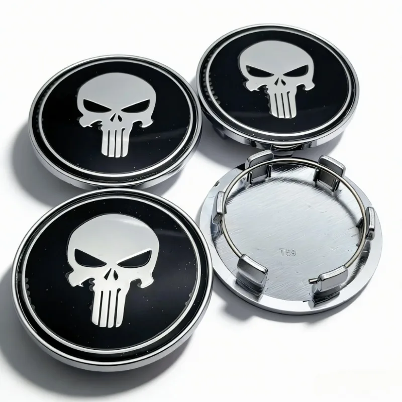 4er-Set Totenkopf-Logo-Emblem-Abdeckungen für Radnaben, 69 mm Clips, 56 mm Radnaben-Staubschutzkappen, Felgenabdeckungen, Ersatz-Autozubehör – Detail 8