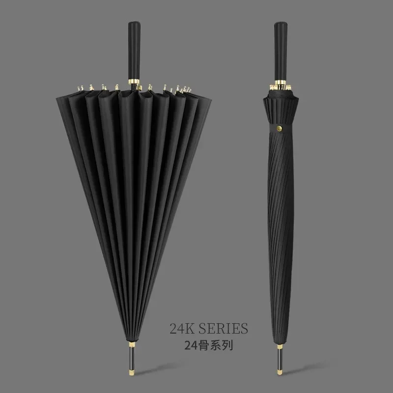 24 Bone Automatic Umbrella Large Double Reinforced Windproof Fiber Long Handle Straight Rod Men's Umbrella