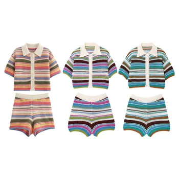 Women Patchwork Striped Hollow Out Crochet Knitted Crop Sweater Shorts Set Short Sleeve Polo Collar Sweater Knit Shorts Suit Y2K 1