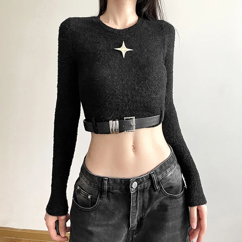 

Women's Solid Color Slim Fit with Exposed Navel Personalized Street Fashion Round Neck Long Sleeved T-shirt Women's Autumn