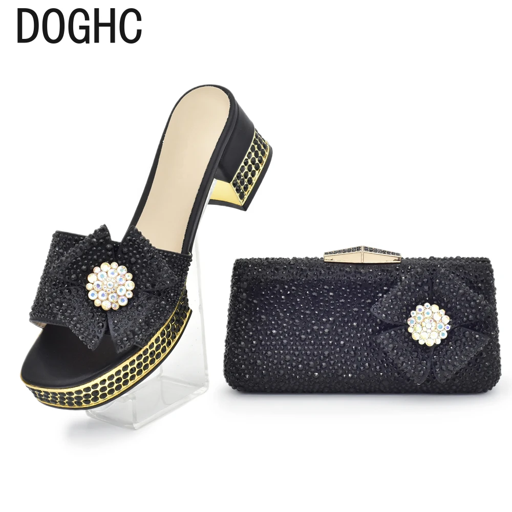 

New Italian Shoes and Bags Matching Set Decorated with Rhinestone Wide Heels Women Wedding Shoes Bride Africa Shoe and Bags Set
