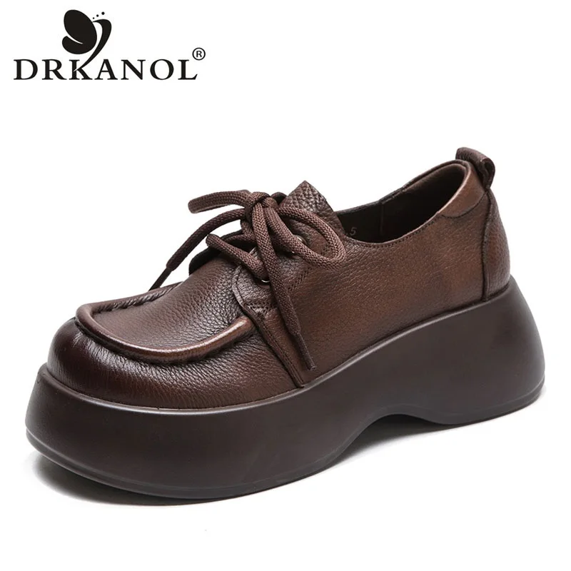 

DRKANOL 2024 Spring Women Wedges Shoes Literary Style Retro Chunky Platform Wide Head Genuine Leather Versatile Casual Shoes
