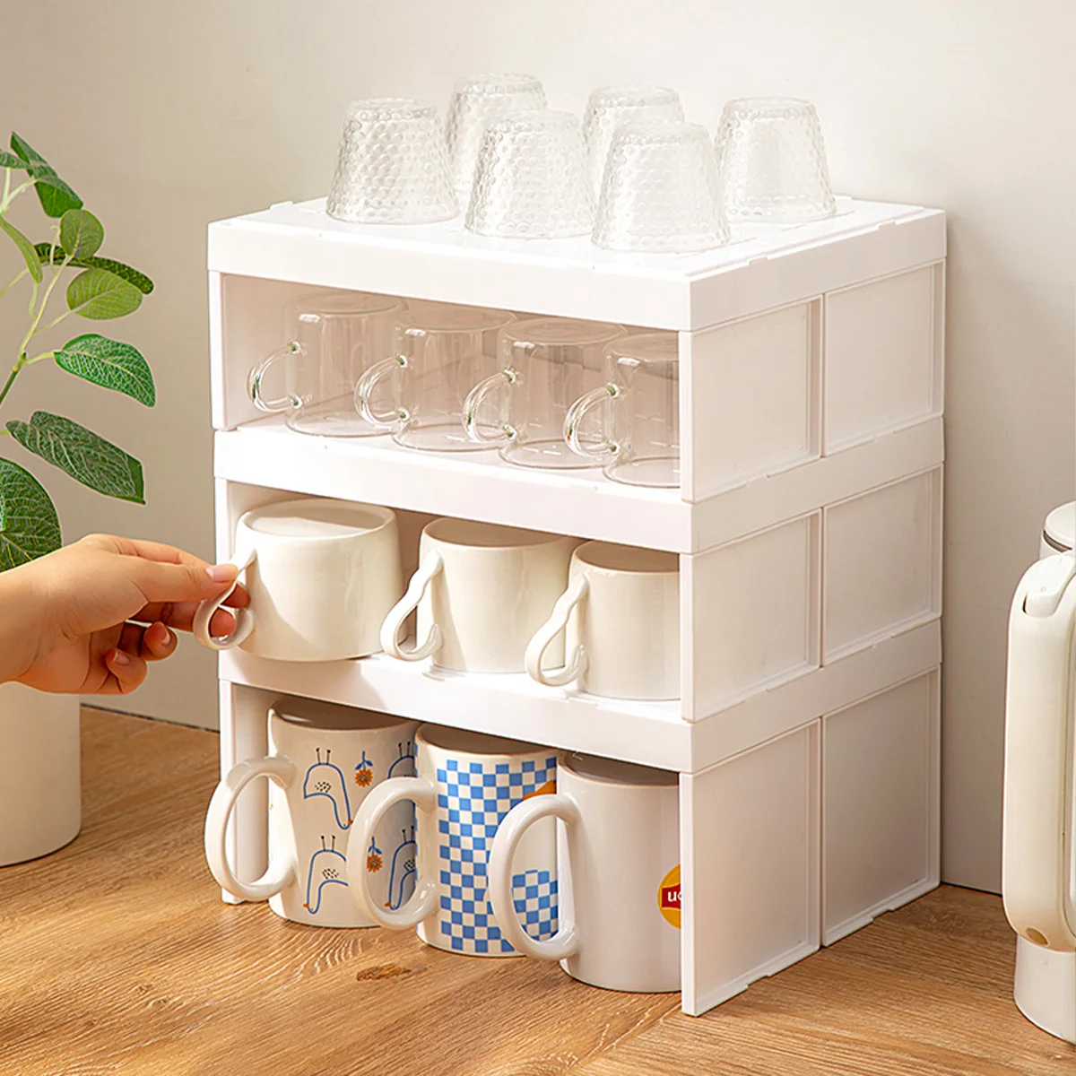 WORTHBUY Cabinet Water Cup Storage Rack Stackable Cup Holder Large Capacity Kitchen Storage Organizer Layered Organizer Shelf 3
