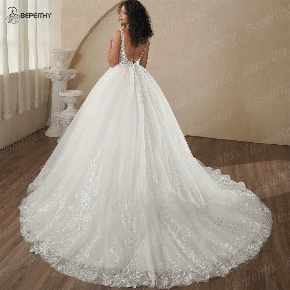 BEPEITHY Customized V Neck Bride Shinny Wedding Dresses 2025 Spring Sleeveless Ivory Sexy Low Back Bridal Lace Gown Vestidos 2