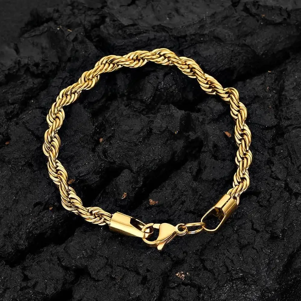 Gold-Tone Stainless Steel Twisted Rope Chain Bracelet - Fashionable, Waterproof, Never Fade Jewelry