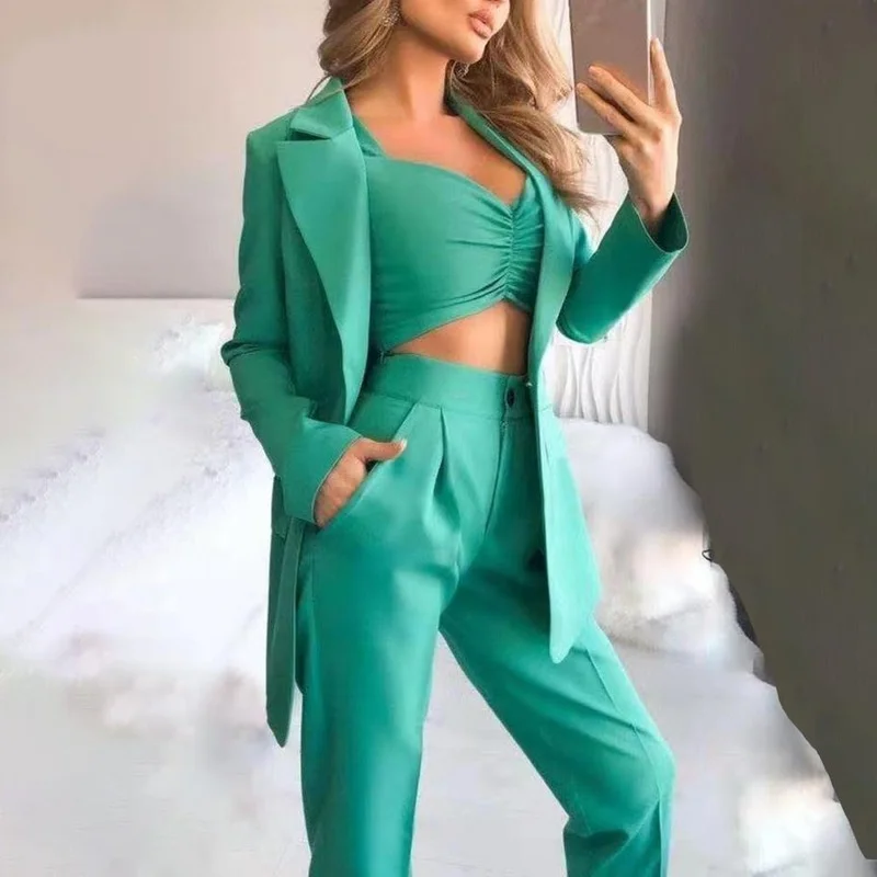 

Women Suit Blazer Coat Pant Top Suit Formal Female Summer Single Button Sling Breathable Turn Collar Office Lady Jacket 3Pcs/Set