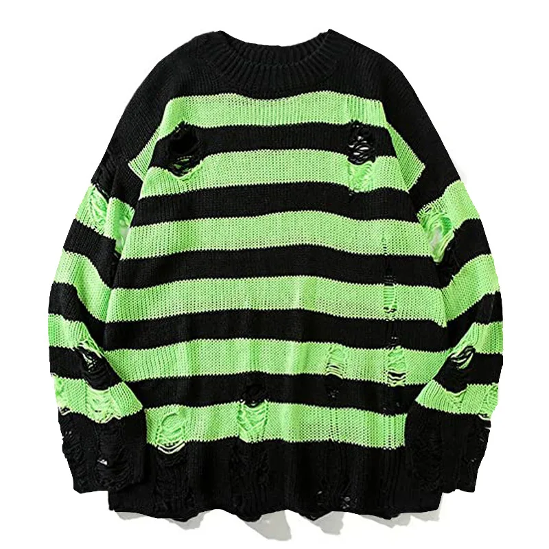 American Couples Broken Sweater Men Harajuku Ripped Knitted O Neck Stripe Outwear Women High Street Punk Gothic Pullover Jumper fashion hip hop streetwear couples jumper 2021 new harajuku women sweater butterfly jacquard o neck loose pullover for men