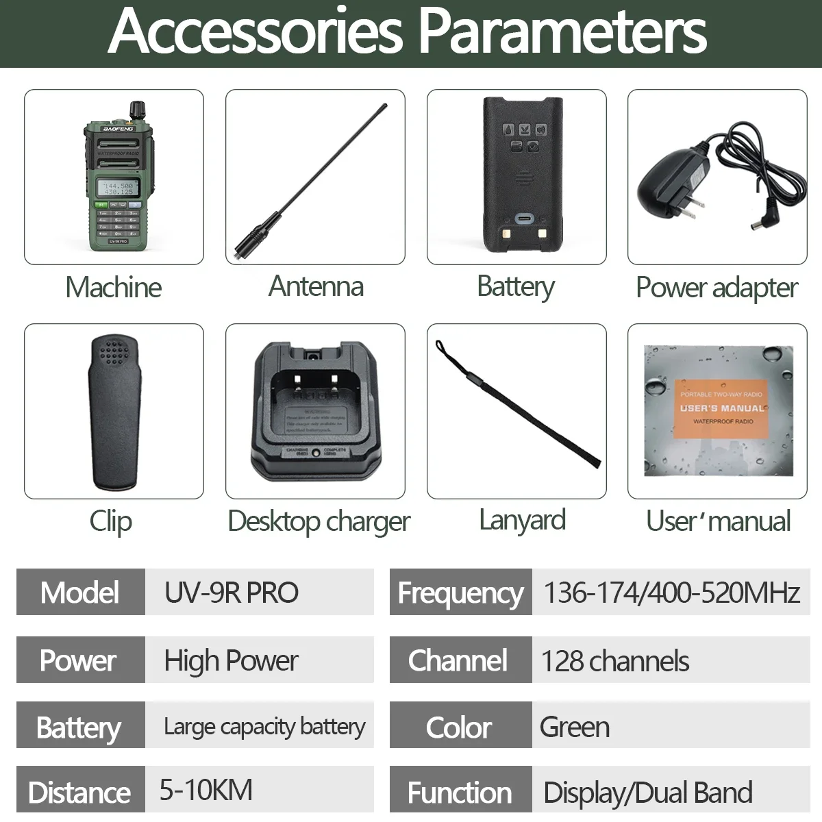 Baofeng UV-9R Pro V2 Waterproof IP68 Walkie Talkie Type-C Charger VHF UHF Ham Radio 50KM Long Range Upgrade UV-9R Plus 6