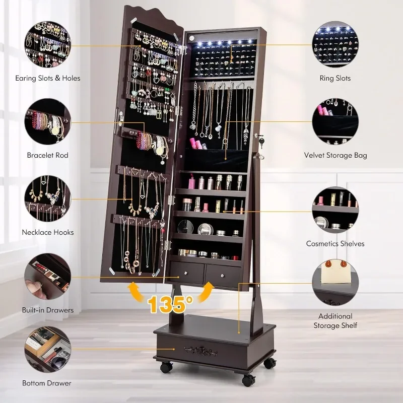Jewelry Cabinet Armoire Freestanding, Lockable Jewelry Organizer with 3-position Adjustable Angle, Wheels, Full-length Mirror 3