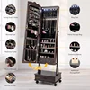 Jewelry Cabinet Armoire Freestanding, Lockable Jewelry Organizer with 3-position Adjustable Angle, Wheels, Full-length Mirror 3