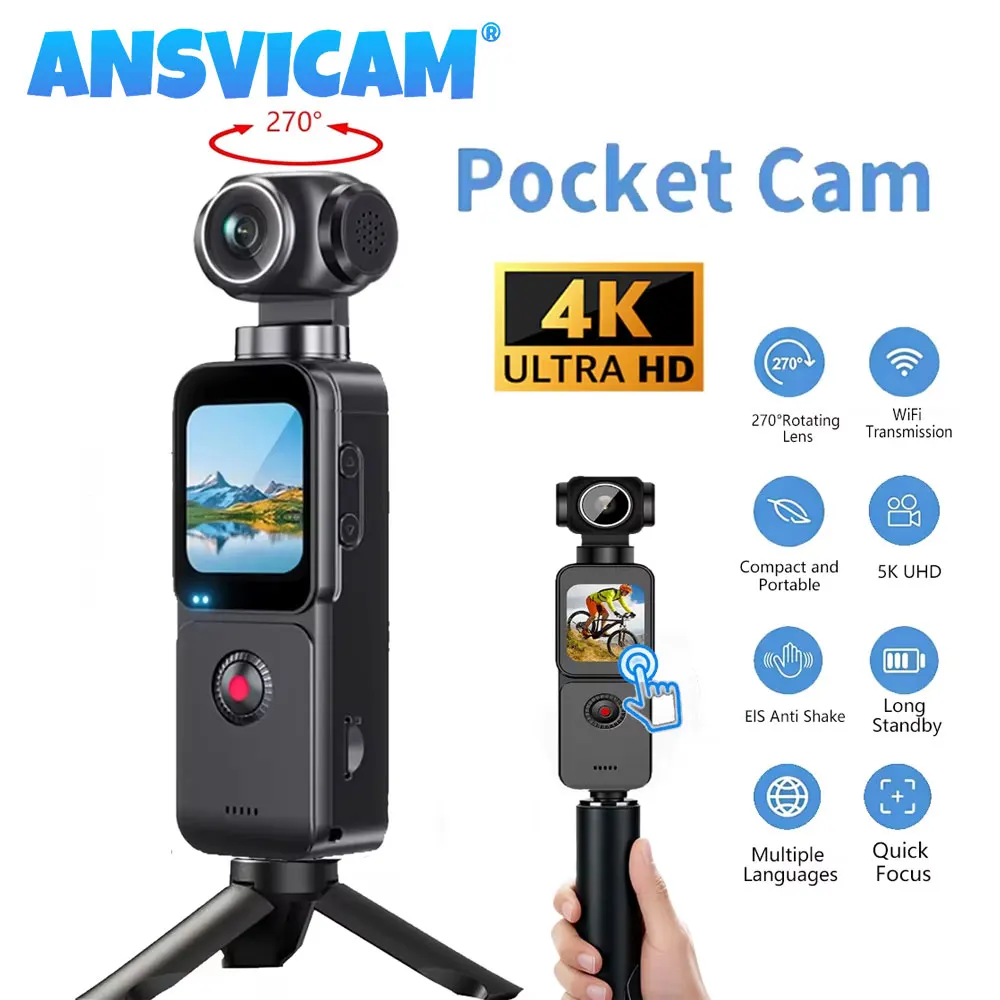 Mini Caméra Sport 5K 4K 60fps Écran Tactile WiFi Stabilisation EIS Vision Nocturne