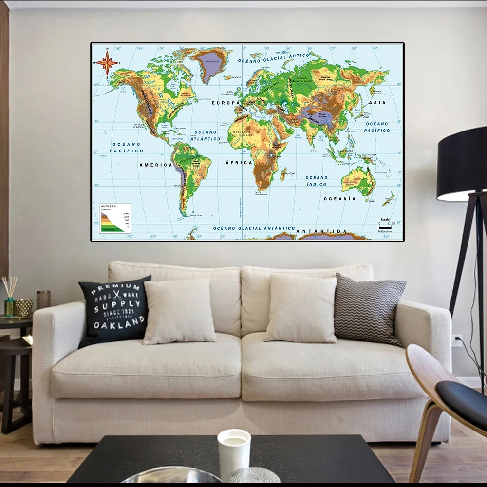 150*100cm In Spanish The World Orographic and Elevation Map Non-woven Canvas Painting Wall Art Poster Home Office Decoration