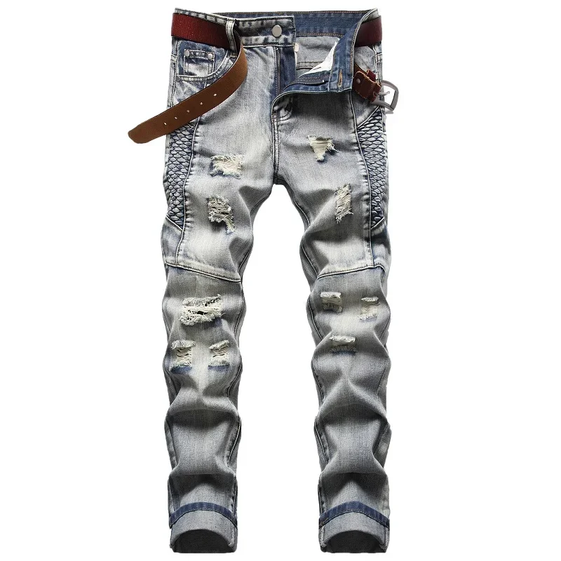 Men's Jeans Nostalgic Ripped Embroidered Straight-leg Slim Fit Casual Colorblock Denim Trousers