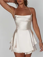 Satin Silk Women Sexy Cami Playsuits Dress Solid Cowl Neck Sleeveless Short Jumpsuits Summer Cross Tie-Up Backless Romper - Image 3