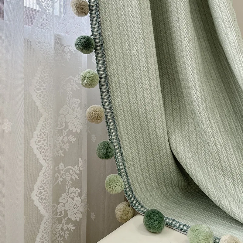 Wheat Grain Milk Green Curtain Big Hair Ball Lace Children's room Girls and boys Curtains for Living Dining room Bedroom