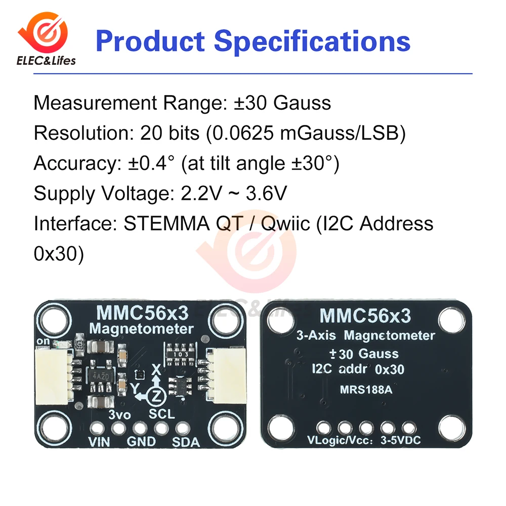Module capteur magnétique MMC5603 20 bits monté sur une carte de développement pour drone