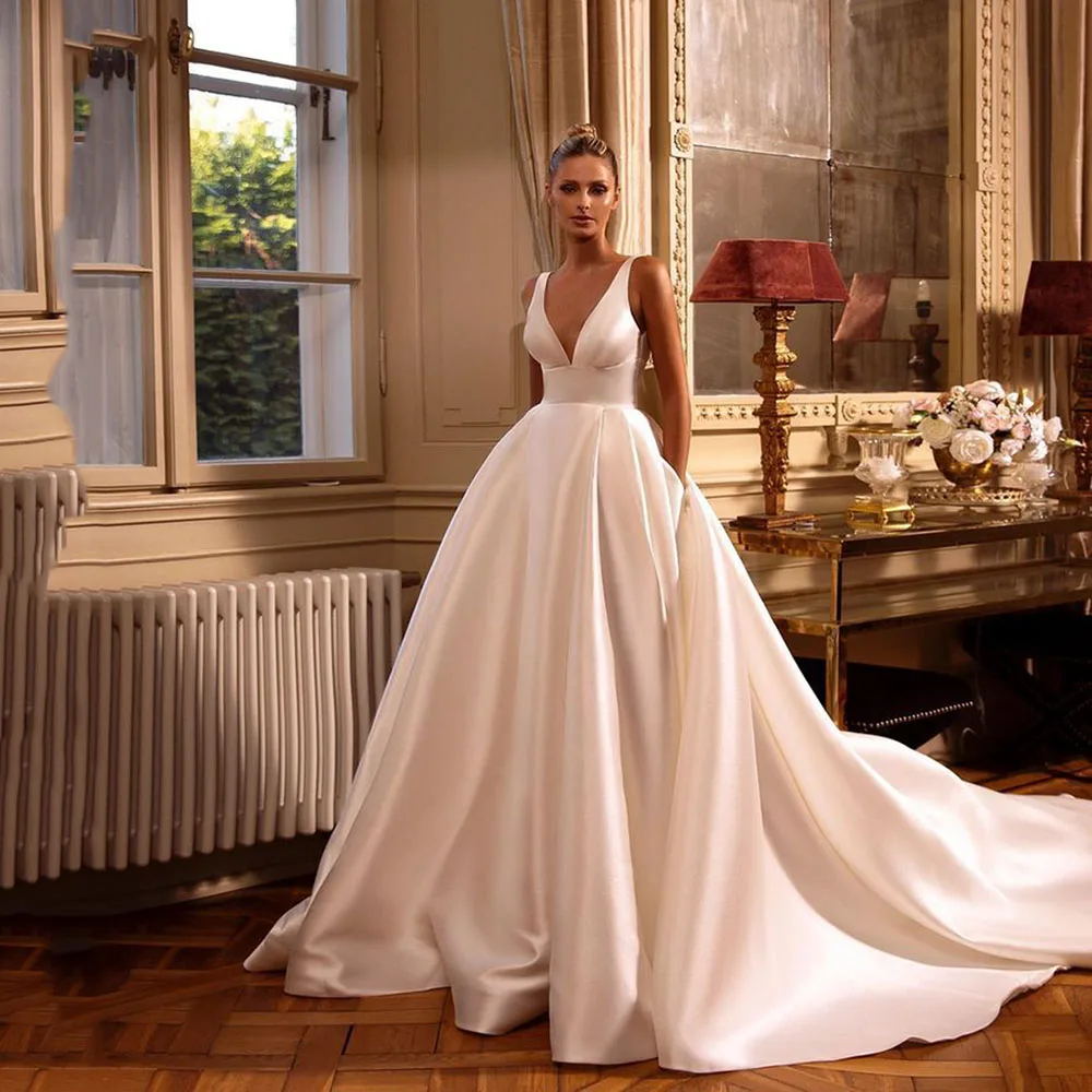 SoDigne A Line Simple Women Wedding Dresses V Neck With Pockets Bridal Dress Backless Sexy Satin Wedding Gowns Customized 12 S8972383bb4d54a569d997e57a660fb5bk