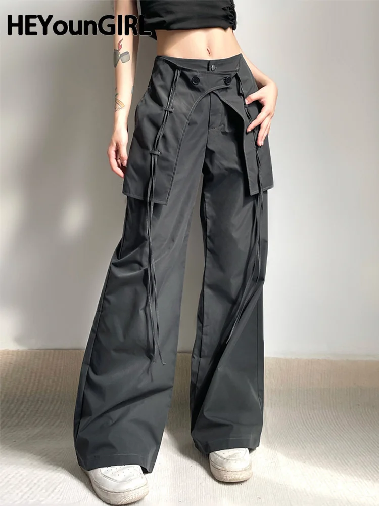 

Patchwork Ribbon Hem Cargo Pants Low Waist Gray Hippie Dancer Wide Leg Pants Y2K Grunge Loose Trousers Korean Casual