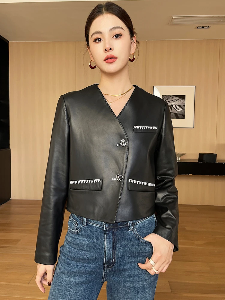 

Long Sleeve Cropped Genuine Leather Jacket Women 2024 New Trend Casual Simple V-neck Black High Waisted Real Sheepskin Coat