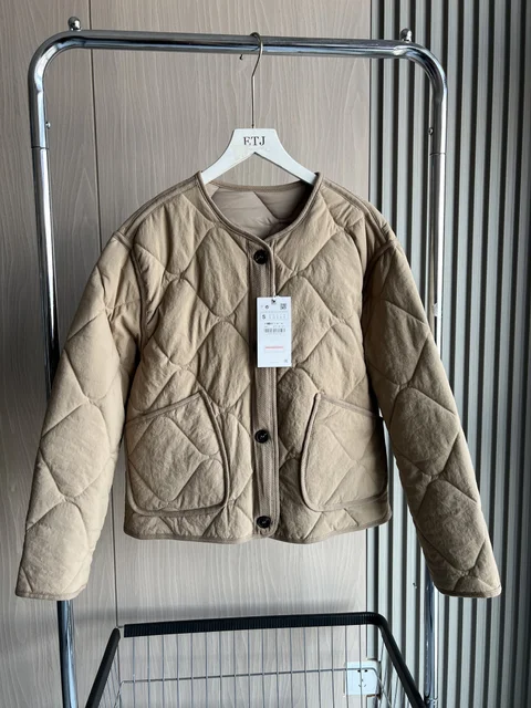 ETJ 2025  Spring new women's vintage crewneck quilted cotton-padded loose version of quilted casual jacket