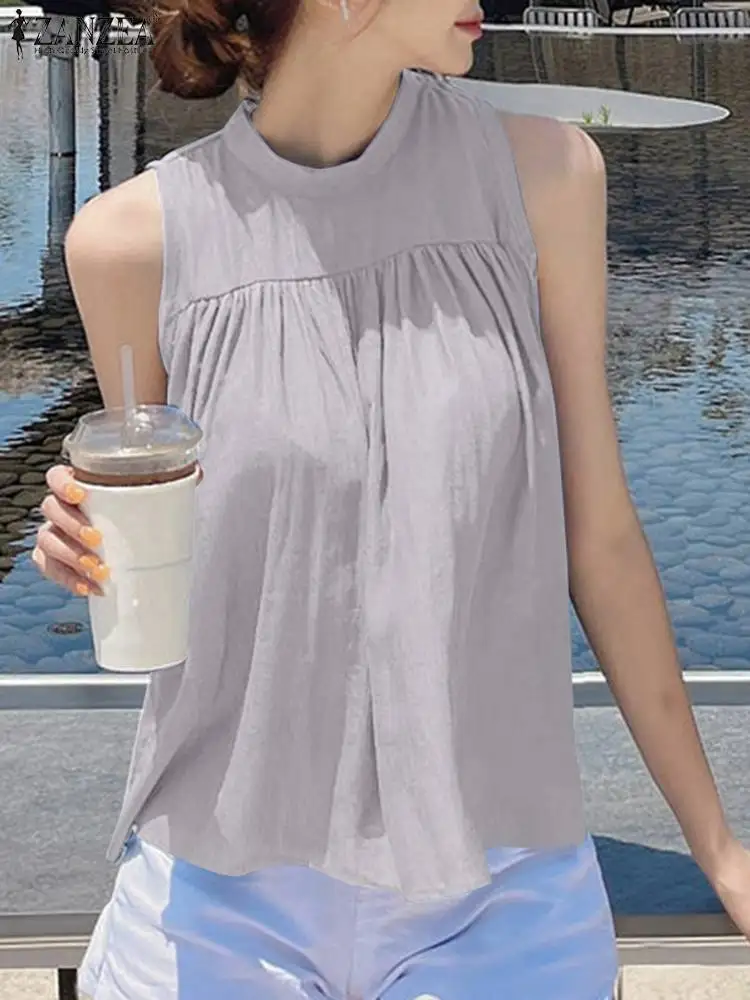 

Повседневная плиссированная блузка без рукавов ZANZEA 2023, летние женские майки, пикантная рубашка с круглым вырезом, корейская мода, однотонные туники большого размера