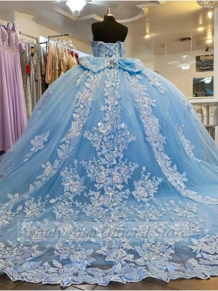 Saudyjskoarabski niebieskie sukienki Quinceanera niebo z odkrytymi ramionami koronkowa aplikacja słodka 16 girlbirthday Party vestidos 15 quinceañera 2024