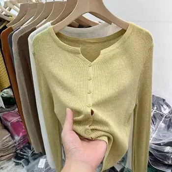 2025 الكورية نمط لينة سترة مشغولة من الصوف امرأة أوائل الخريف كم طويل سليم عادية الخامس الرقبة قاع سترة متماسكة القمم 2