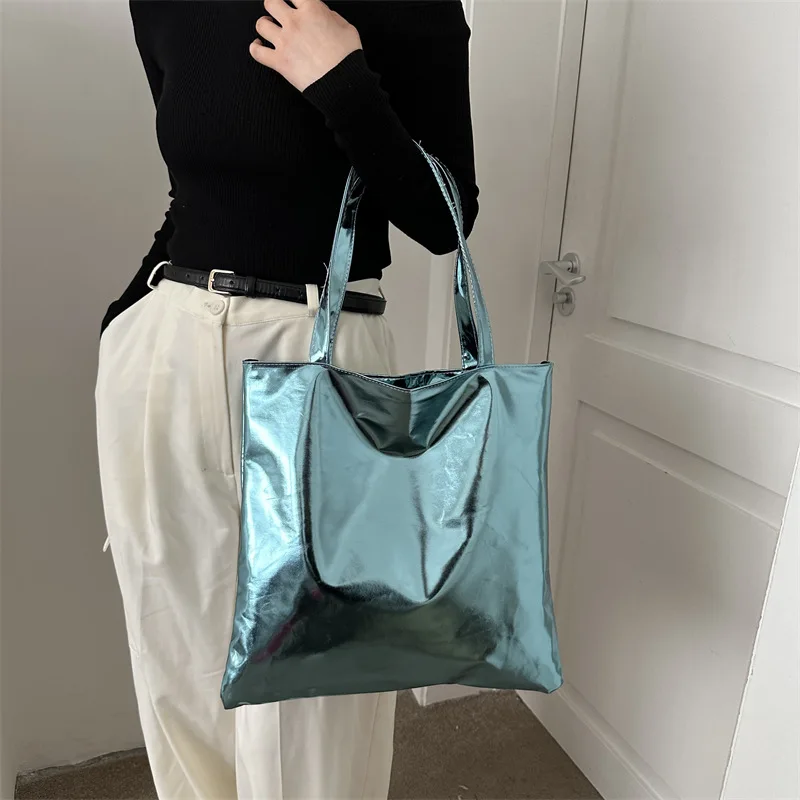 

Glossy Tote Bags for Women Fashion High Capacity Shopping Pouch PU Leather Handags Shiny Casual Female Purse Girls Shoulder Bag