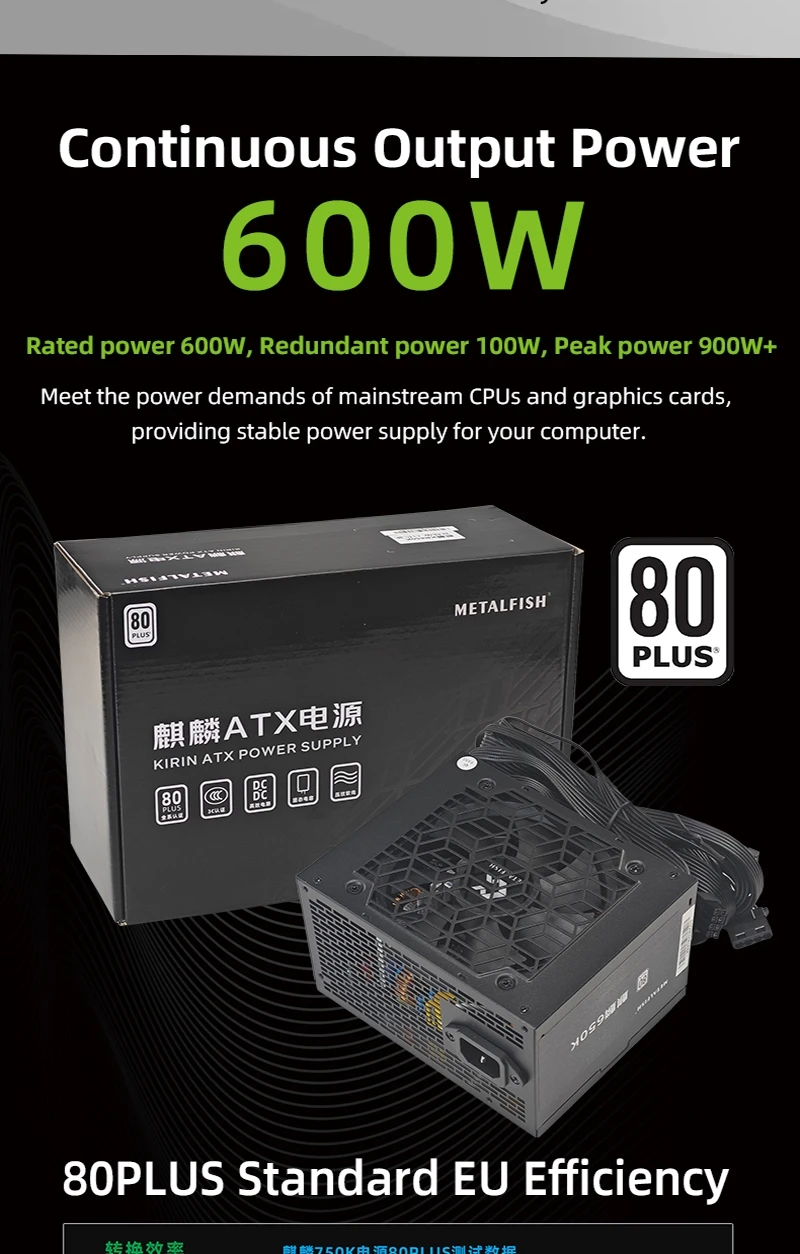 Black Chassis Power Supply ATX-500W 80PLUS PSU for Gaming computers, Graphics ca