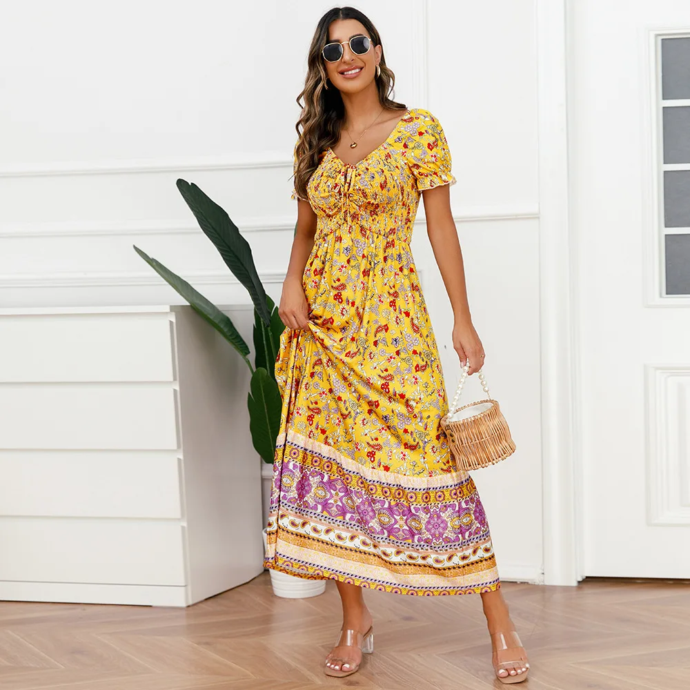 

Женское платье с пышными рукавами, длинное платье с V-образным вырезом и принтом, лето 2023