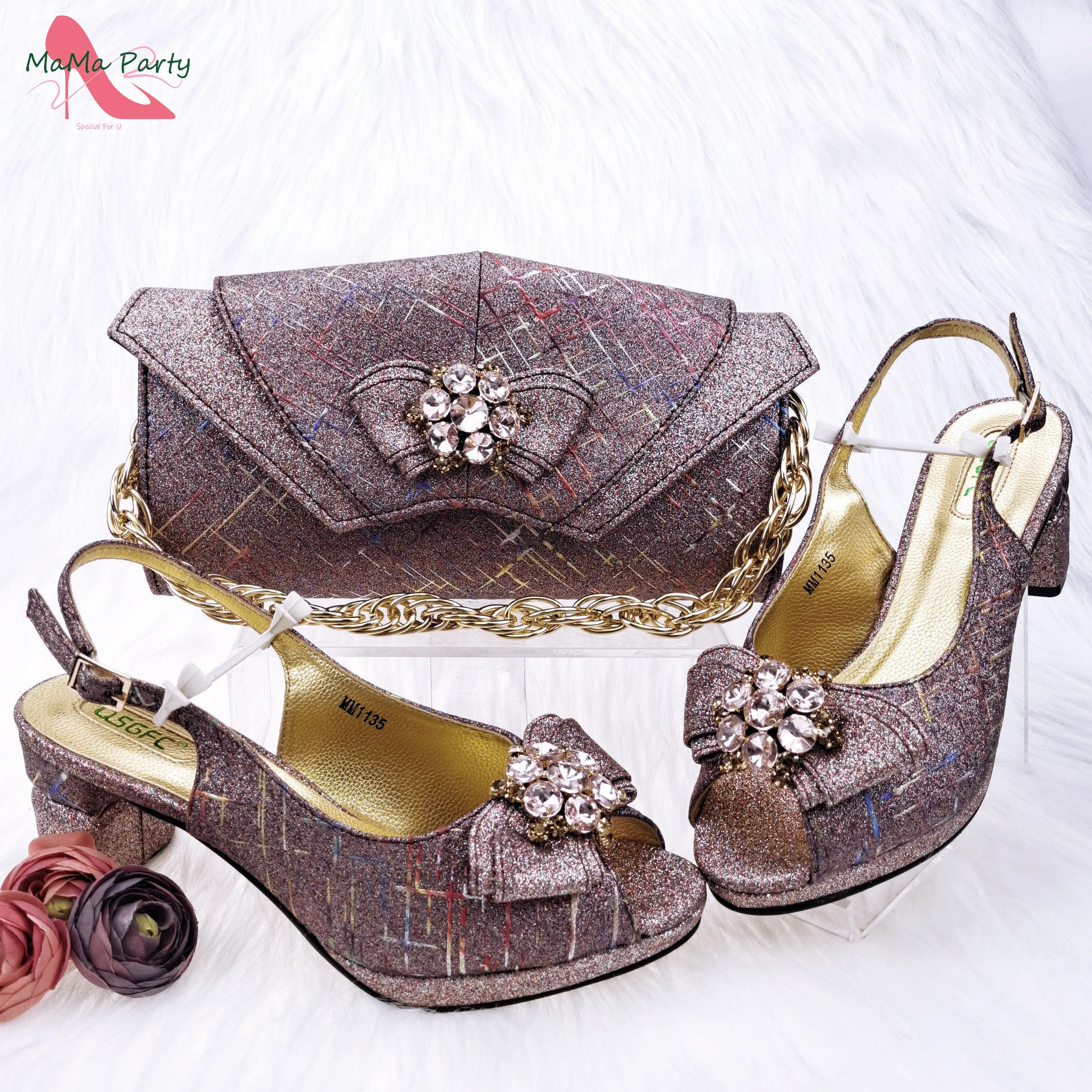 African Shoes and Bag Set Silver Color Elder Women Good Quality