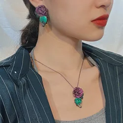 Elegant Black Gold Paraiba Pendant Necklace & Rose Flower Earrings Jewelry Set (Jewelry Sets)