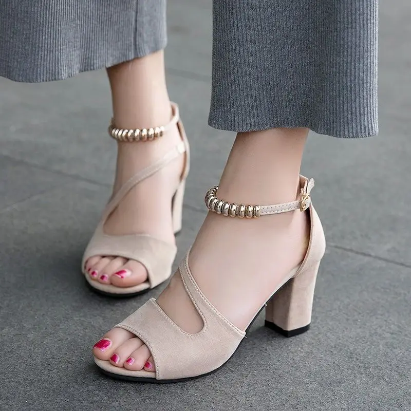 Sandalias gruesas con hebilla de línea A para mujer, zapatos de tacón alto informales, color rojo, verano, 100