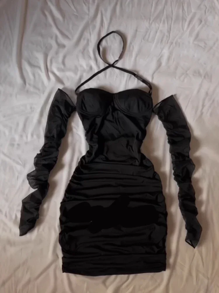 Spring and Summer Sexy Mesh Long-sleeved Women's Neck U-neck Off-the-shoulder Dress Fashion New Sleeveless Slim-fit Halter Skirt