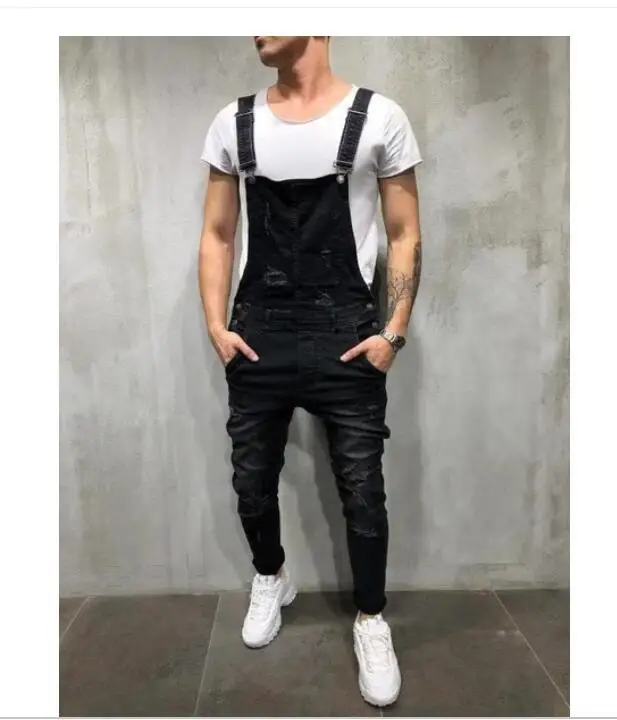 Men Jeans Overalls High Street Ripped Denim Jumpsuits Hip Hop One Piece Cargo Pants Cowboy Male Pockets Hole Suspenders