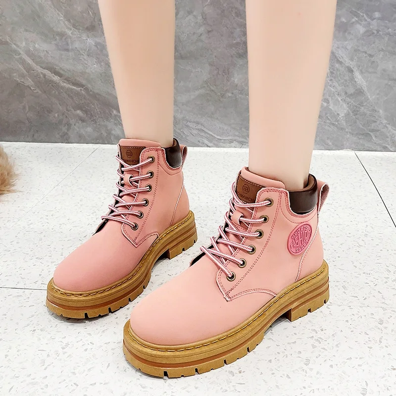 

Женские кожаные ботинки на платформе, розовые удобные ботильоны для осени и зимы, 2023