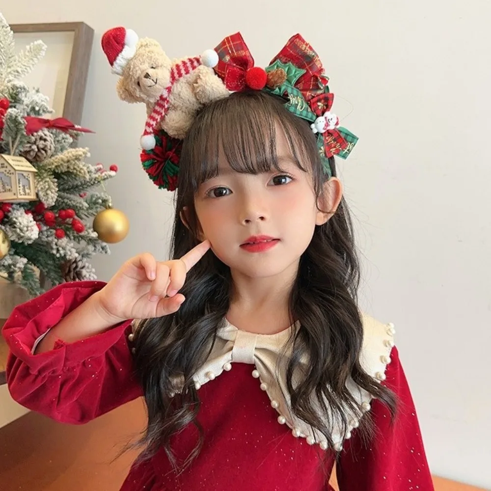 Cute Cartoon Christmas Headband Bear Fluffy Plush Children Headwear New Year Hair Clip Bow Hair Accessories Christmas Gifts