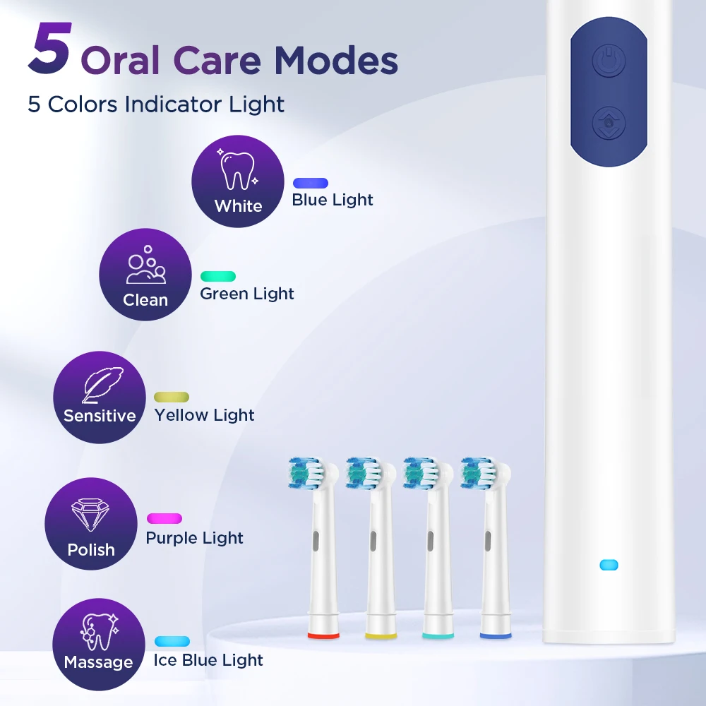 Rotating Electric Toothbrush 5 Modes USB Fast Rechargeable Rotary Electric Toothbrush Timer Travel Case and 4 Brush Heads