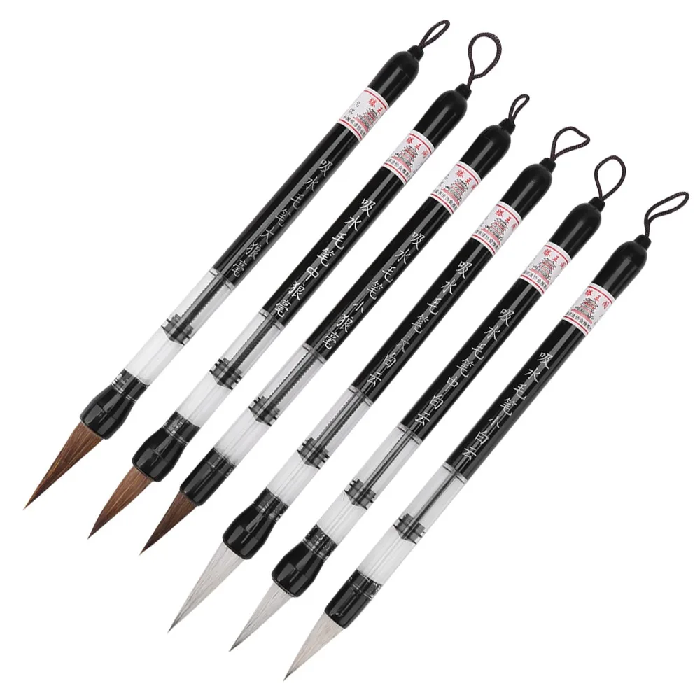 6Pcs 피스톤 필 디자인 워터 브러쉬 펜 화이트/브라운 브러쉬 초보자 친화적인 서예 워터 펜 나일론 L/M/S 사이즈